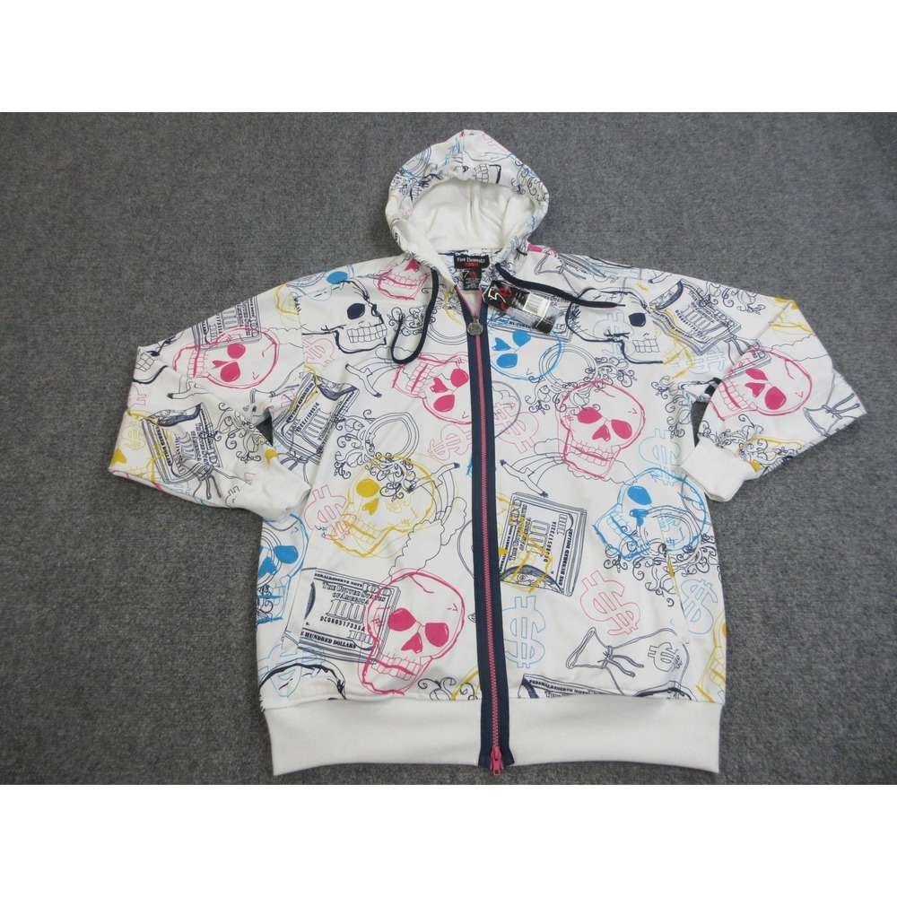 Vintage Five Elementz Hoodie Mens XL White Skull Money Graphic Zip Hooded Jacket